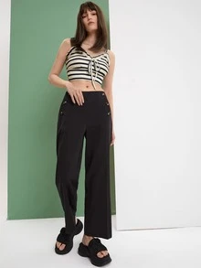 SHEIN Qutie Áo hai dây viền lá sen Thắt nơ trước Sọc Giải trí - Màu be - Xem 4