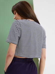 Áo nữ Thắt nơ trước Sọc Gợi cảm - Đen và trắng - Xem 2