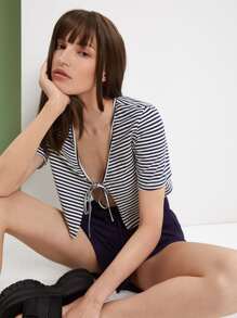 Áo nữ Thắt nơ trước Sọc Gợi cảm - Đen và trắng - Xem 3