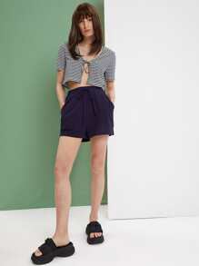 Áo nữ Thắt nơ trước Sọc Gợi cảm - Đen và trắng - Xem 4