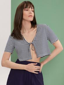 Áo nữ Thắt nơ trước Sọc Gợi cảm - Đen và trắng - Xem 5
