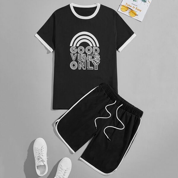 

Men Letter Graphic Contrast Trim Tee With Shorts, Black