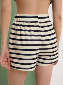 Elastic Waist Striped Shorts - Apricot - View 5