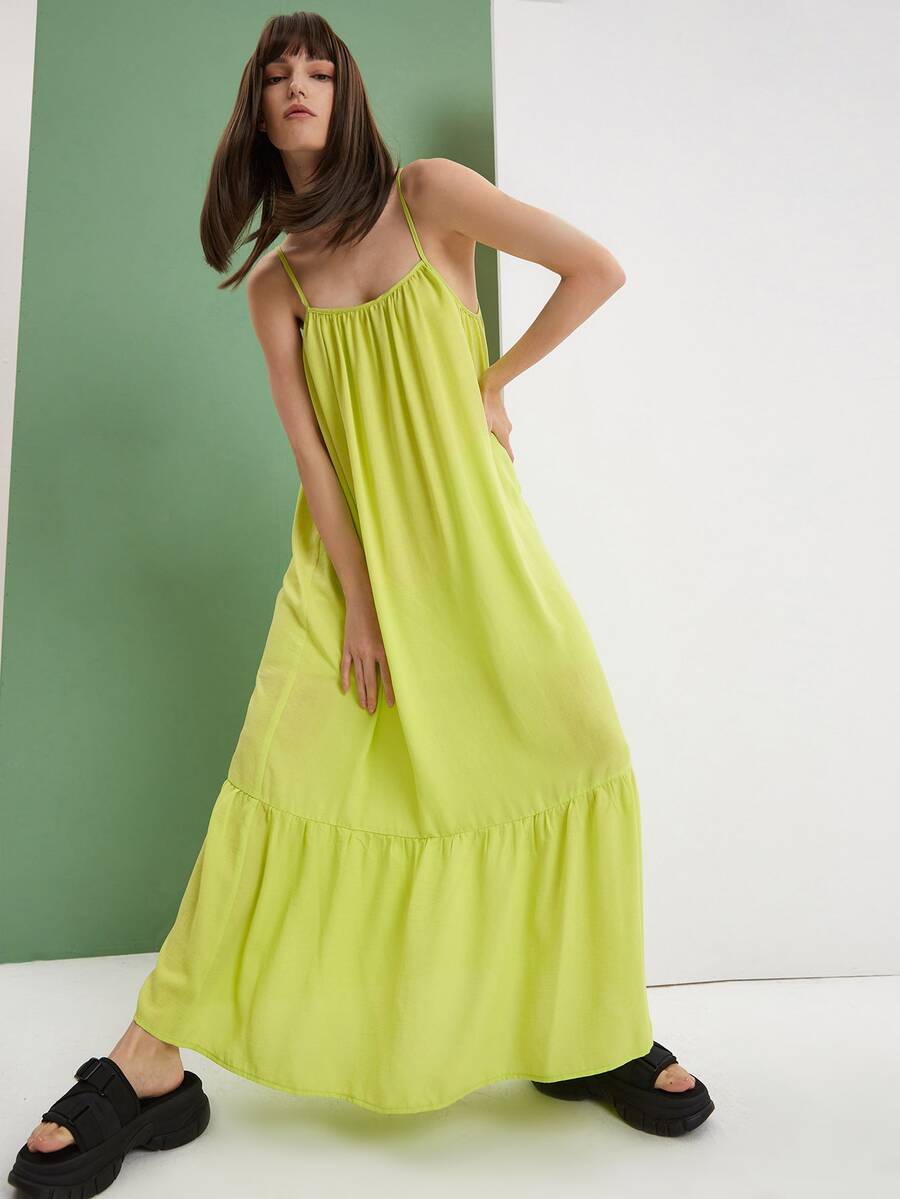 Solid Ruffle Hem Cami Dress - Lime Green - View 1