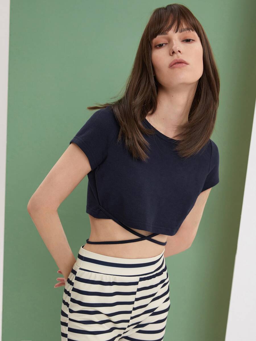 SHEIN Unity Crisscross Tie Back Crop Tee - Navy Blue - View 1
