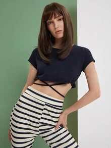 SHEIN Unity Crisscross Tie Back Crop Tee - Navy Blue - View 3