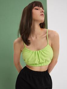 SHEIN EZwear 胸部褶皺吊帶短款上衣 - 青檸色 - 查看 3