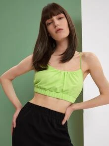 SHEIN EZwear 胸部褶皺吊帶短款上衣 - 青檸色 - 查看 4