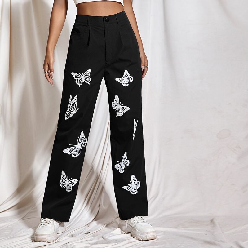 

Butterfly Print High Waist Pants, Black