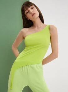 SHEIN Unity One Shoulder Asymmetrical Hem Rib Knit Top - Lime Green - View 1