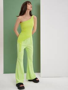 SHEIN Unity One Shoulder Asymmetrical Hem Rib Knit Top - Lime Green - View 5