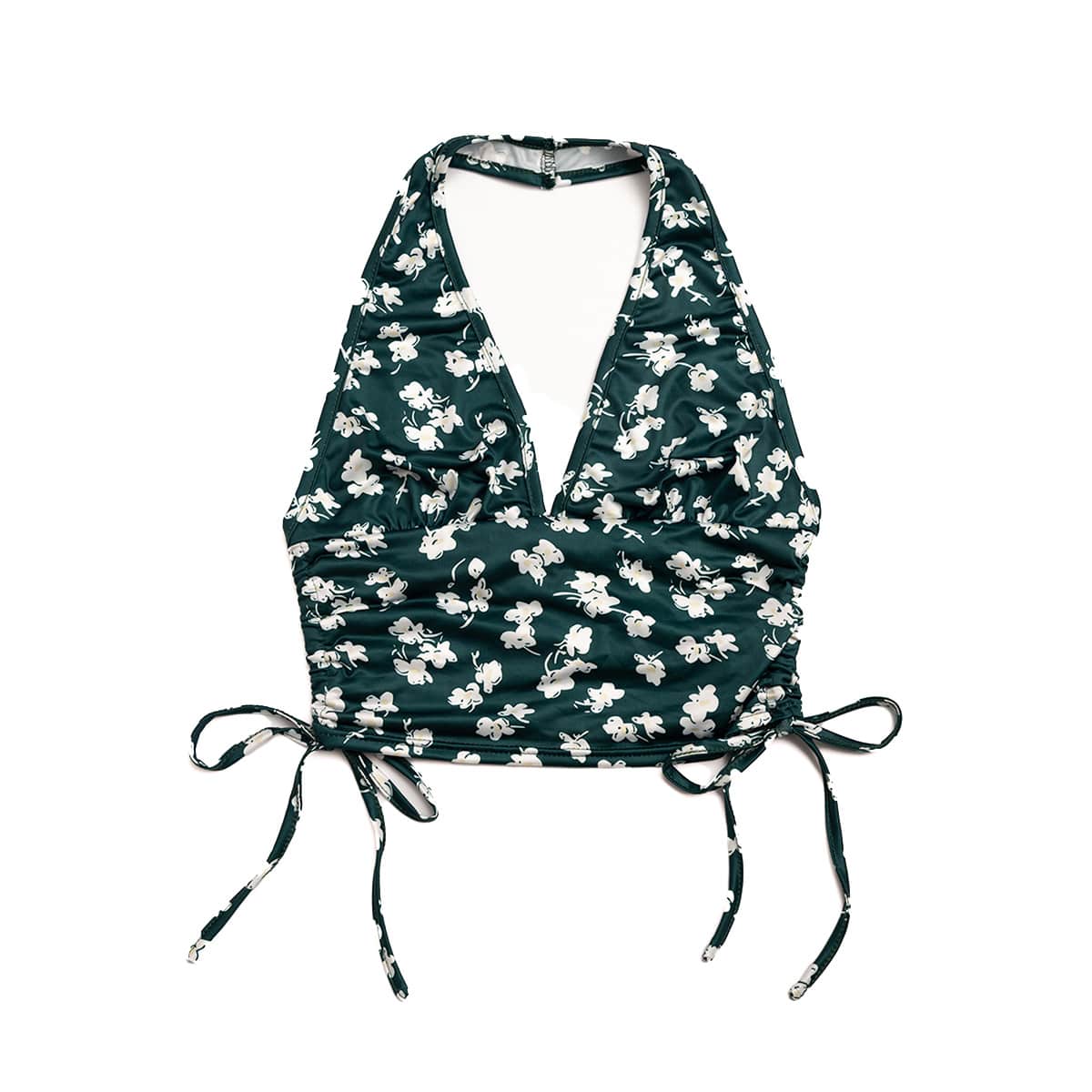 

Ditsy Floral Drawstring Halter Top, Dark green