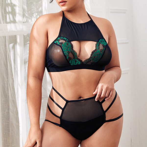 

Plus Sheer Mesh Halter Lingerie Set, Black
