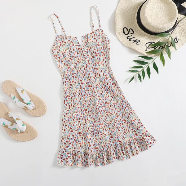 

Ruffle Hem Shirred Back Ditsy Floral Cami Dress, Multicolor