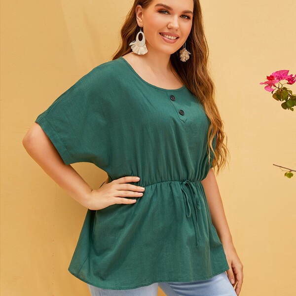 

Plus Button Front Peplum Blouse, Dark green