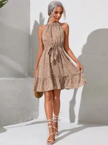 Allover Print Belted Halter Dress - Multicolor - View 3