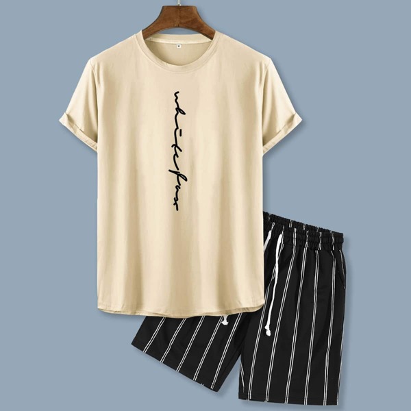 

Men Letter Graphic Tee & Striped Drawstring Waist Track Shorts, Multicolor