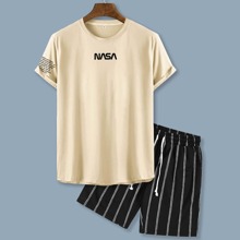 Guys Letter Graphic Tee With Striped Drawstring Waist Shorts