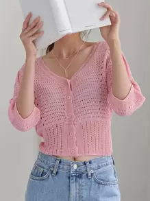 DAZY Pointelle Knit V-neck Cardigan - Pink - View 1