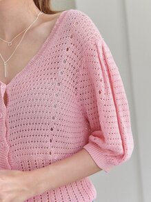 DAZY Pointelle Knit V-neck Cardigan - Pink - View 3