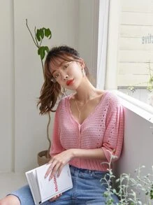 DAZY Pointelle Knit V-neck Cardigan - Pink - View 4