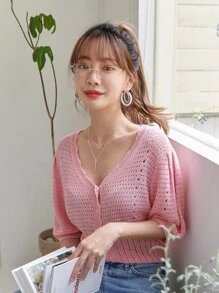 DAZY Pointelle Knit V-neck Cardigan - Pink - View 6