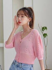 DAZY Pointelle Knit V-neck Cardigan - Pink - View 8
