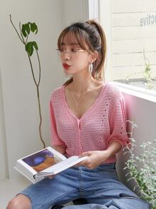 DAZY Pointelle Knit V-neck Cardigan - Pink - View 9