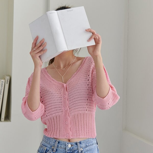 

Pointelle Knit V-neck Cardigan, Pink