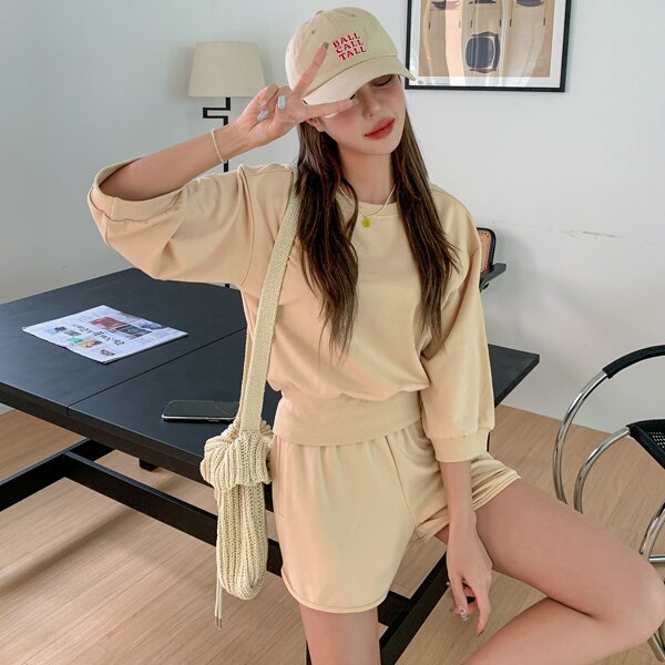 

Solid Drop Sleeve Sweatshirt and Shorts Set, Khaki
