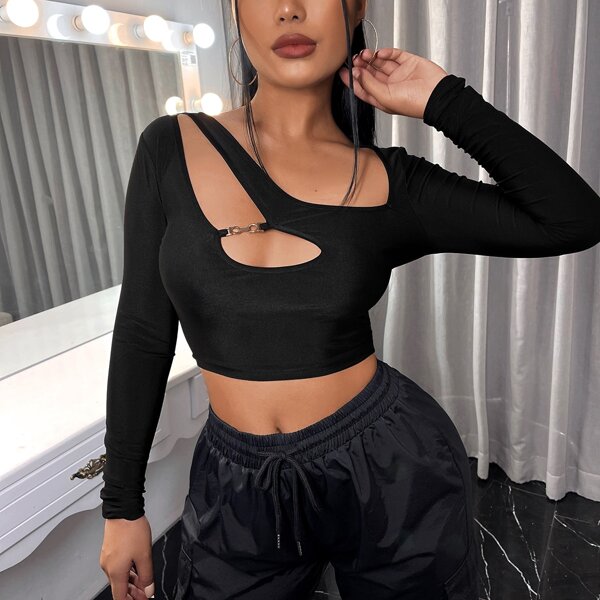 

Solid Cut Out Crop Tee, Black