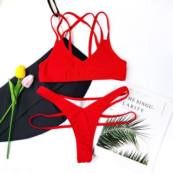 

Rib Crisscross High Cut Bikini Swimsuit, Red