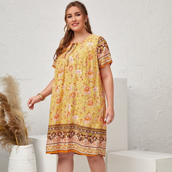 

Plus Floral Print Tie Neck Smock Dress, Yellow