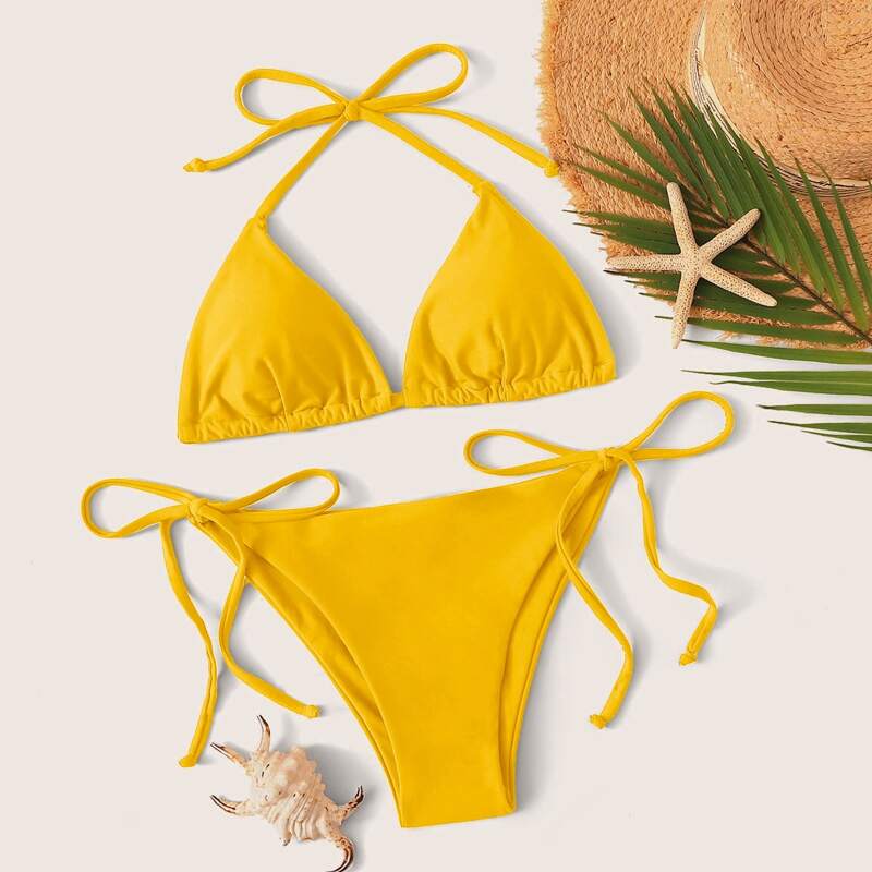 

Triangle Tie Side Bikini Swimsuit, Yellow