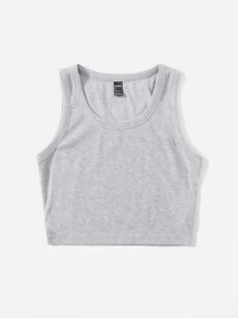 SHEIN EZwear Top sin mangas liso con cuello redondo grande - Gris Claro - Ver 3