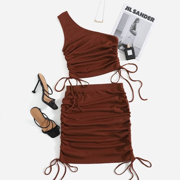 

One Shoulder Drawstring Ruched Side Crop Top & Skirt Set, Coffee brown