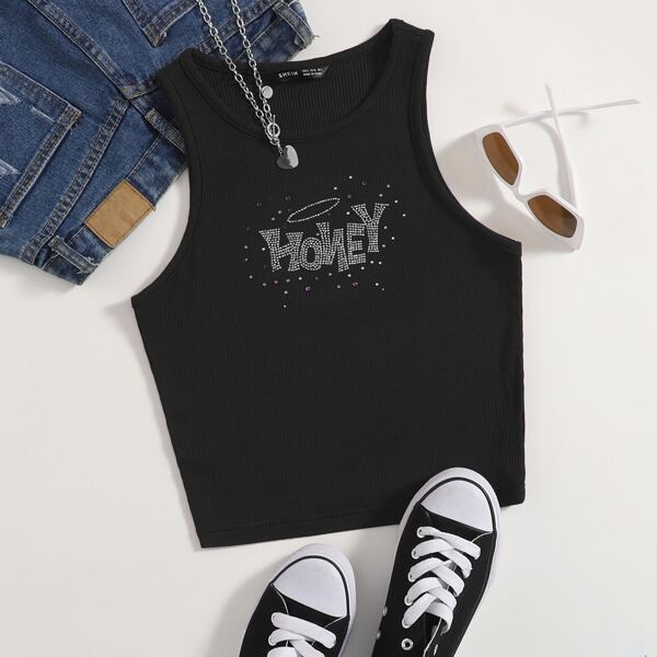 

Letter Rhinestone Detail Tank Top, Black