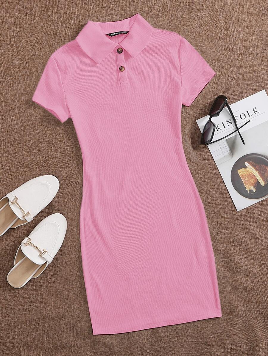 Muchica Button Front Rib-knit Bodycon Dress - Pink - View 1