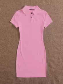 Muchica Button Front Rib-knit Bodycon Dress - Pink - View 4