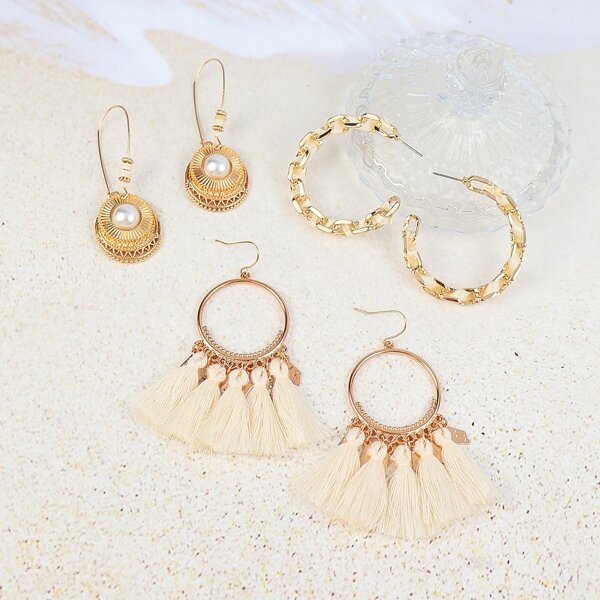 

3pairs Tassel Decor Earrings, Gold