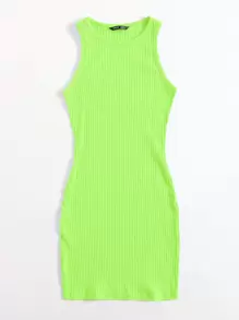 SHEIN Essnce Neon Lime Rib-knit Bodycon Dress - Lime Green - View 5