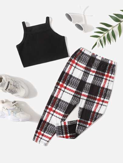 طقم طماق مربع النقش مع لباس علوي برسن للبنات الصغار