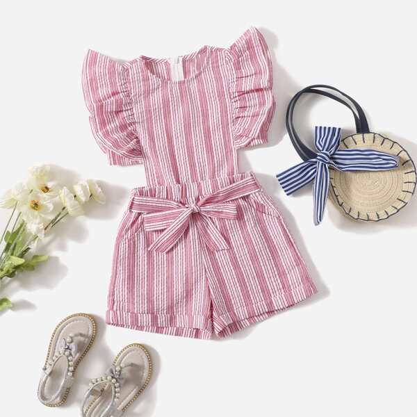 

Toddler Girls Ruffle Armhole Belted Striped Romper, Multicolor