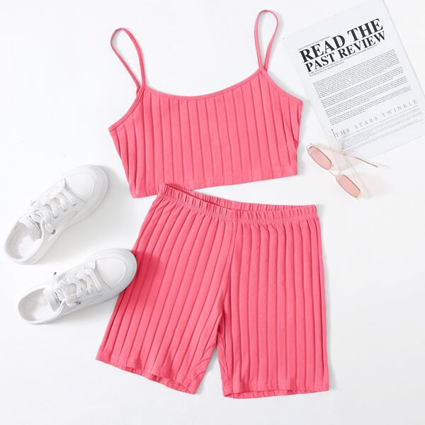 

Ribbed Cropped Cami Top & Biker Shorts Set, Watermelon pink