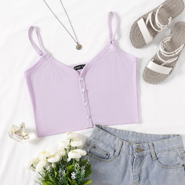 

Button Up Rib-Knit Cami Top, Lilac purple