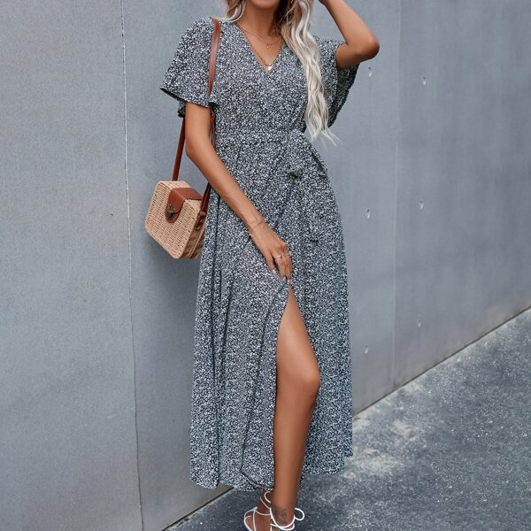 

Ditsy Floral Belted Split Thigh A-line Dress, Black and white