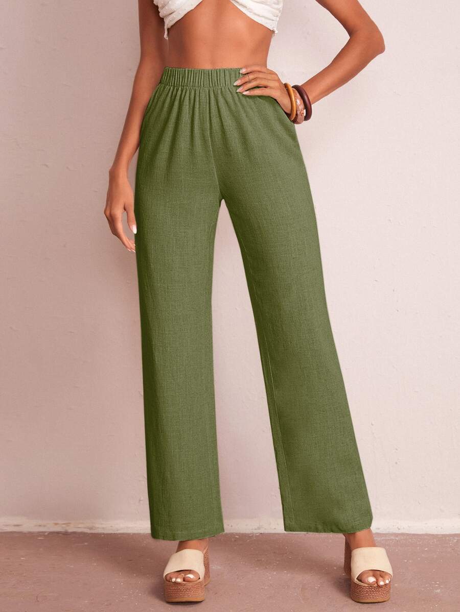 SHEIN Privé Elastic Waist Solid Wide Leg Trousers - Army Green - View 1