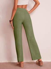 SHEIN Privé Elastic Waist Solid Wide Leg Trousers - Army Green - View 2