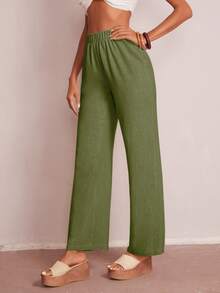 SHEIN Privé Elastic Waist Solid Wide Leg Trousers - Army Green - View 3