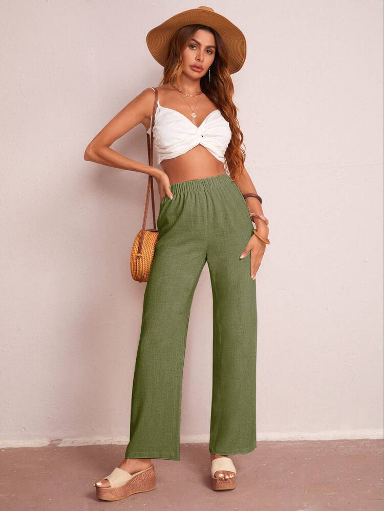 SHEIN Privé Elastic Waist Solid Wide Leg Pants - Army Green - View 4